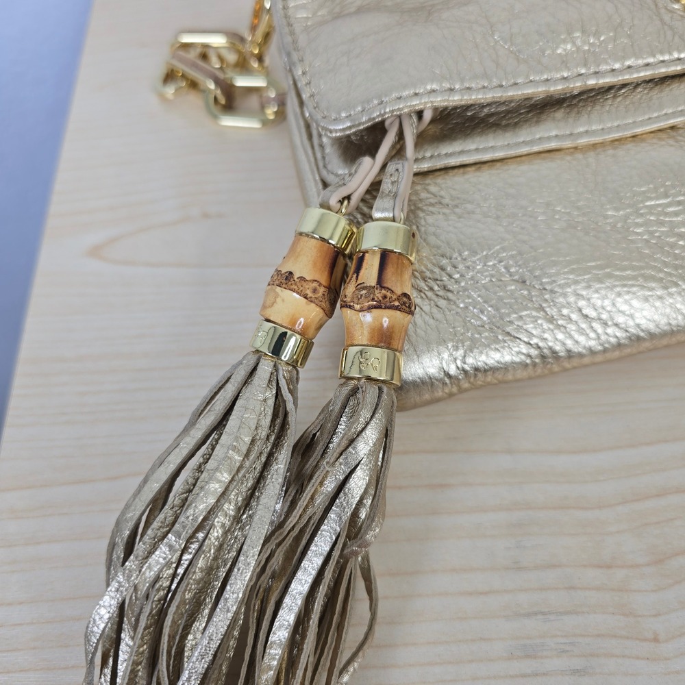 Lilly Pulitzer Banyan Clutch Gold Metallic Leather Bamboo Tassel Bag 14788 NEW - Picture 4 of 8